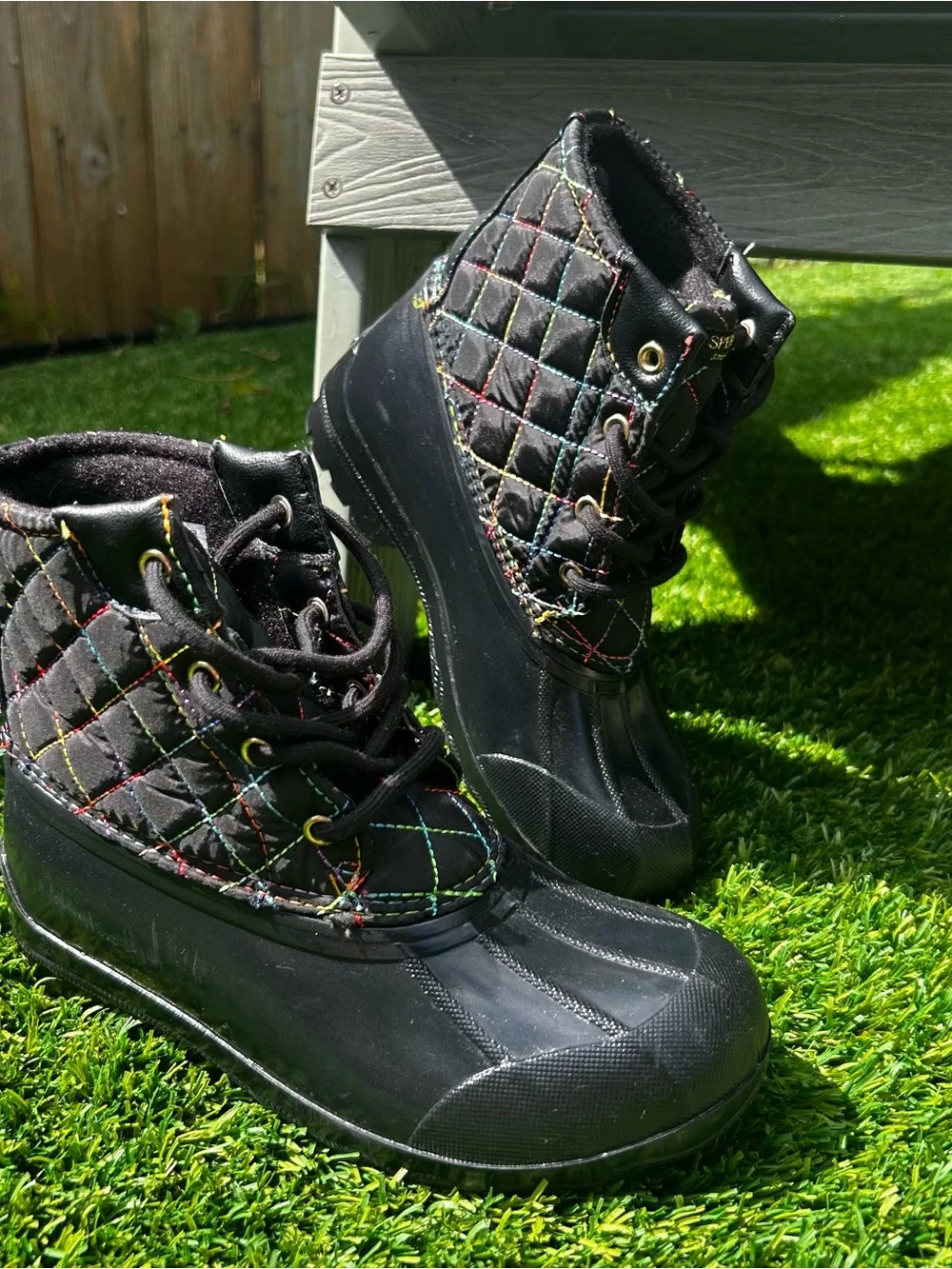 Sperry Port Duck Boots Rainbow Stitching Kids Sz 2 Youth Black Waterproof